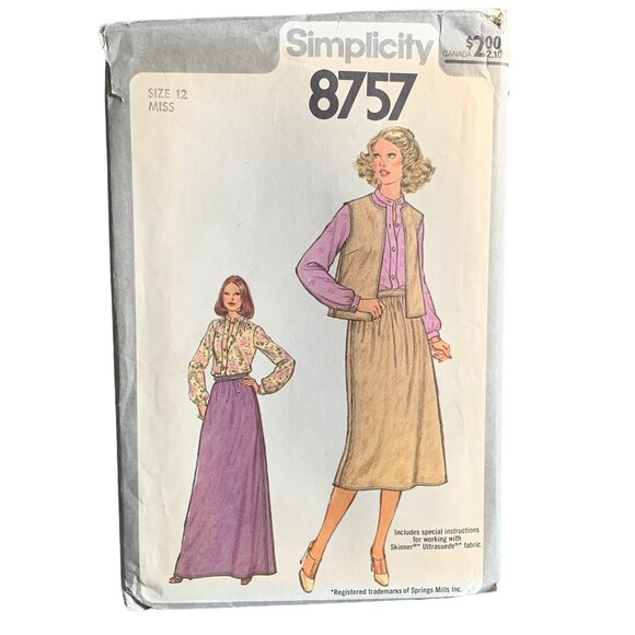 Simplicity 8757 Misses 70s Skirt Blouse Vest Sewing Pattern Size 12 uncut - Picture 1 of 2
